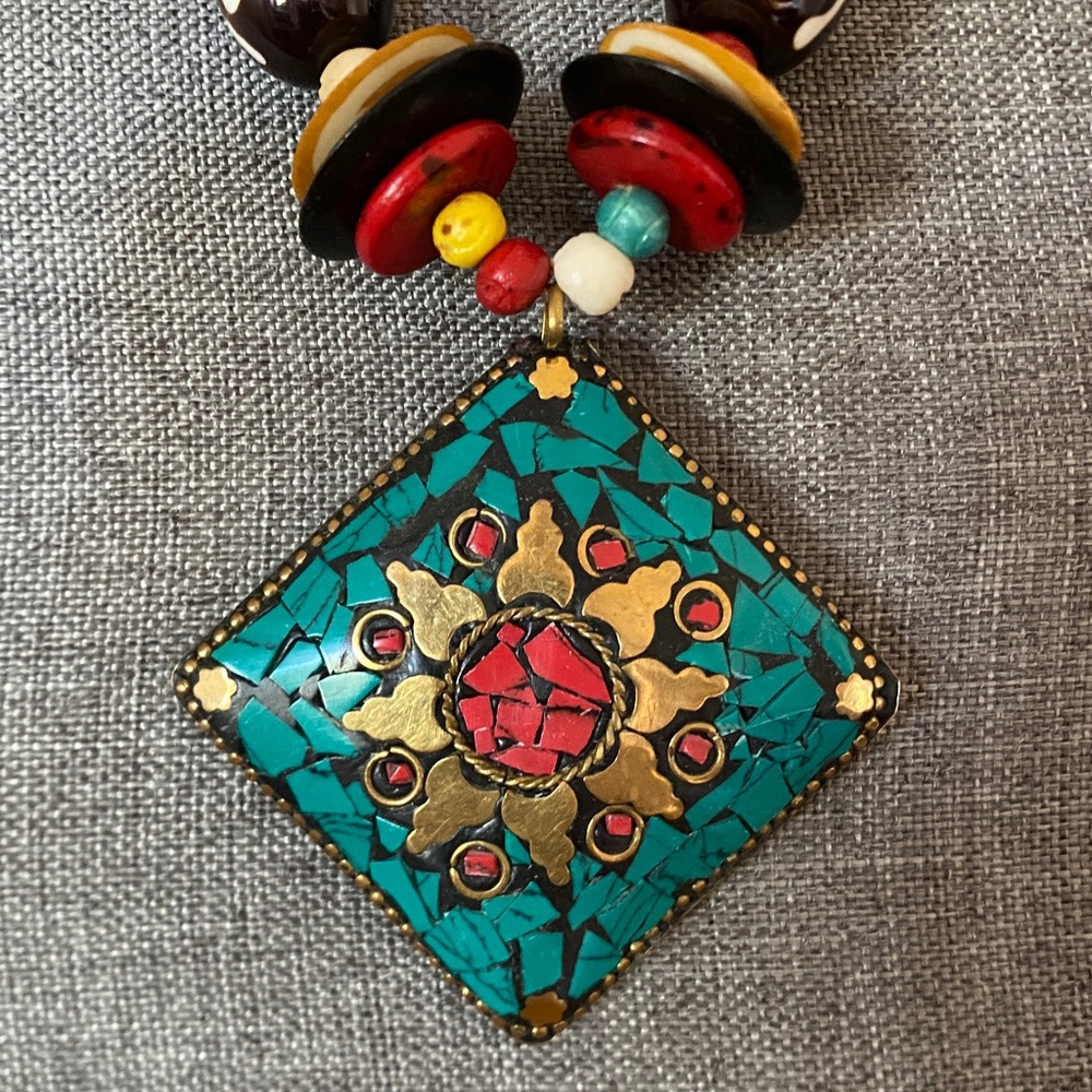 Boho Tibetan Turquoise Mosaic Pendant Necklace w/Colorful Beads: Dzi Style Beads